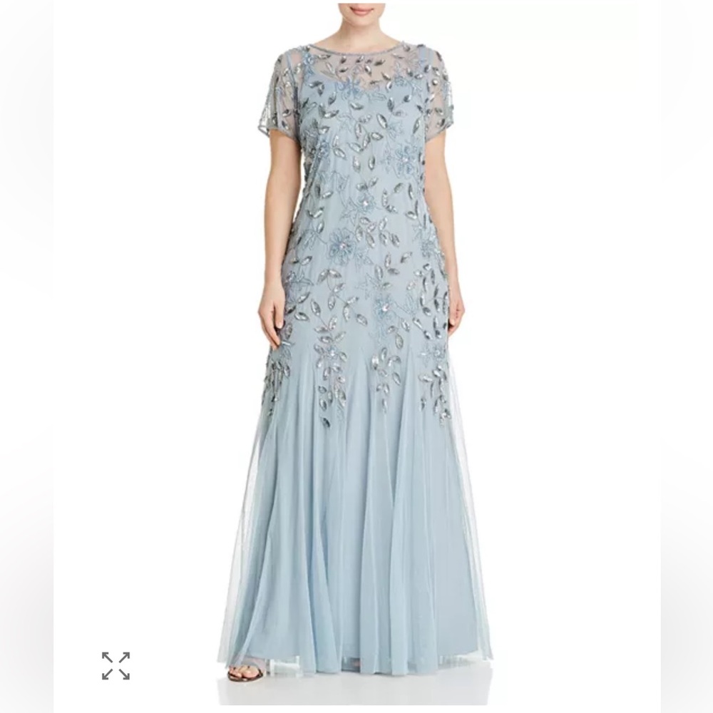 ADRIANNA PAPELL Floral Embellish Flutter Sleeve Sequin Blue Formal GodetGown, 8